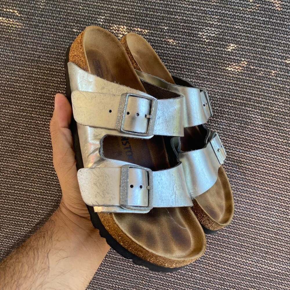 Birkenstock Arizona Soft Footbed Sandals, Silver Metallic, Women's 7 / EU 38